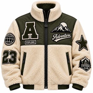 Heren Sherpa Fleece Bomberjack met Bergborduurwerk en Patchwork, Winter Streetwear, Custom Outwear.