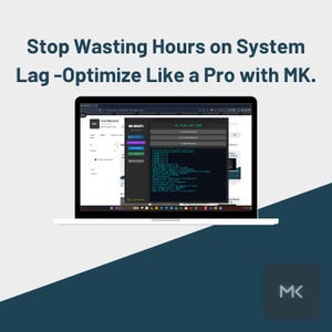 Op de afbeelding: Een laptop met een software-interface met de tekst "Stop Wasting Hours on System Lag - Optimize Like a Pro with MK." Het scherm toont een donkere interface met code en gegevens, en het MK-logo is zichtbaar.