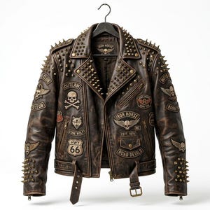 Puede incluir: Chaqueta de cuero marrón con tachuelas y parches metálicos. La chaqueta presenta un estilo motero clásico con múltiples parches, incluyendo diseños de calaveras y alas. La chaqueta está colgada en una percha negra sobre un fondo blanco.