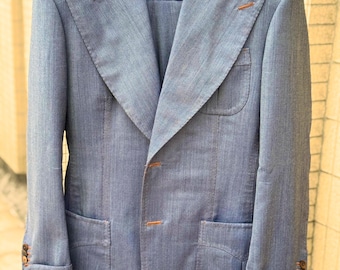Handcrafted light blue linen blazer, 1970s Italian style wide-collar men suits