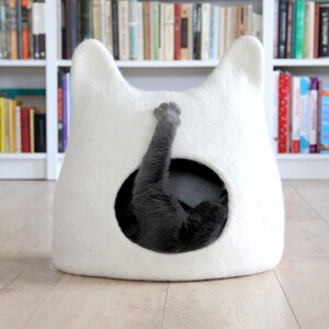 Cat bed cave from natural white felted wool. Warm and comfy pet bed. Cat lovers gift. image 1