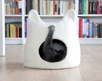 Cat bed cave from natural white felted wool. Warm and comfy pet bed. Cat lovers gift.