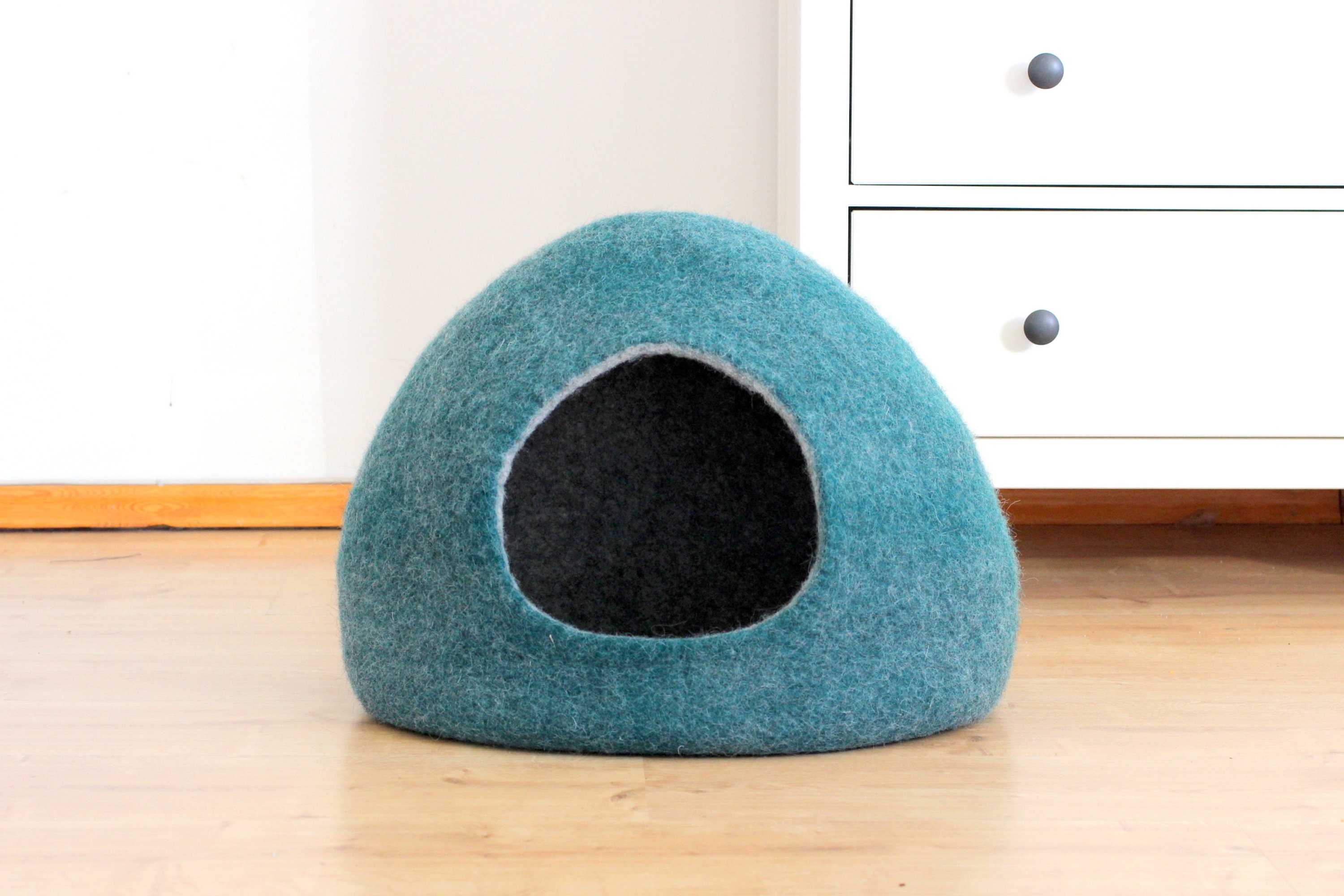 Lit Pour Animaux de Compagnie, Grotte Lit Chat en Laine Vert Émeraude, Petit Chien.