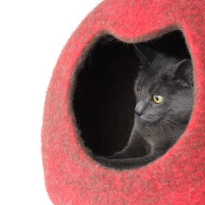 Red cat cave . Felted wool cat house. Pet holiday Christmas gift. image 2