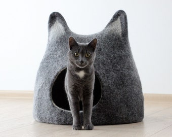 Cat furniture. Cat bed, wool pet cot, felt cat cave, cat house. Wool pet bed cave. Black with natural white.