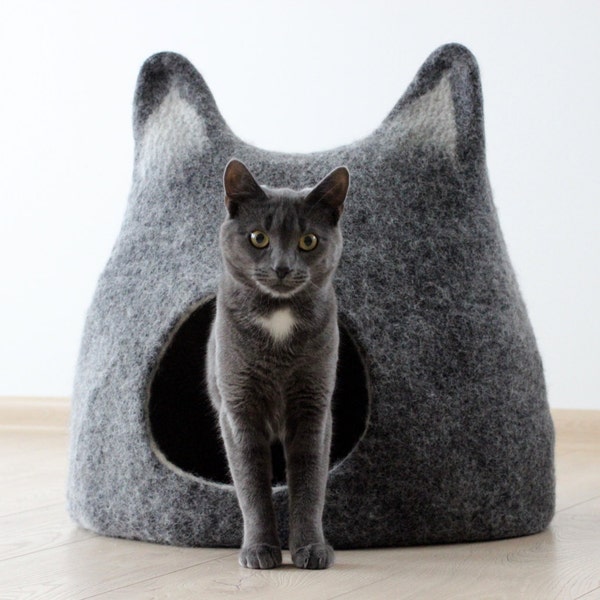 Cat furniture. Cat bed, wool pet cot, felt cat cave, cat house. Wool pet bed cave. Black with natural white.