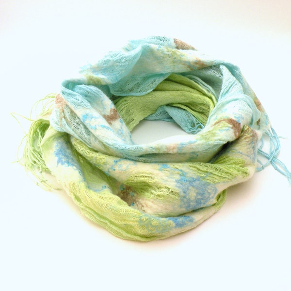 Felted scarf shawl nuno felting - merino wool an linen scarf - pastel mint green and sea blue - spring fashion - scarf