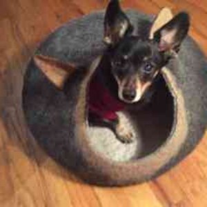 Small dog bed from natural wool in black brown with natural white. Pet bed with ears. image 5