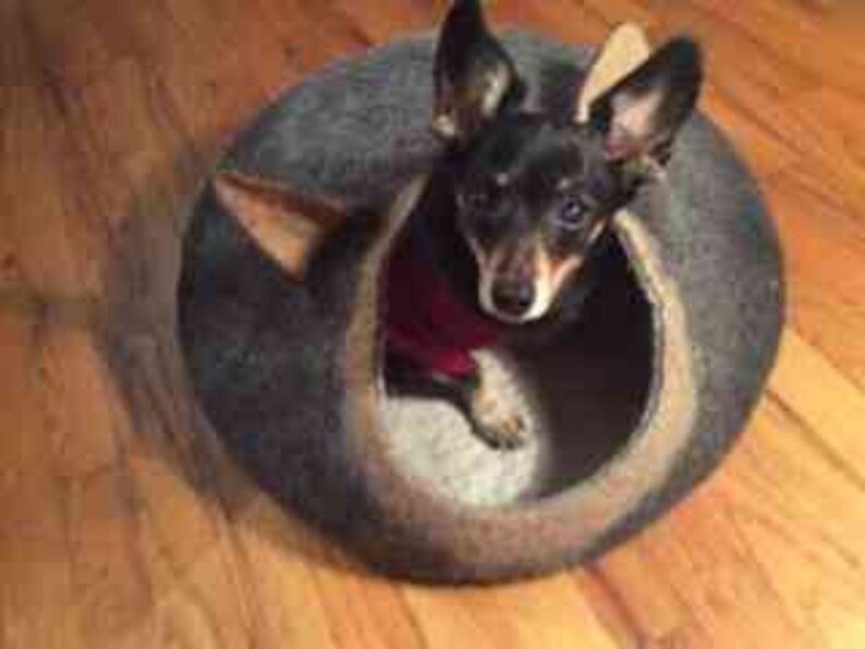 Small dog bed from natural wool in black brown with natural white. Pet bed with ears. image 5