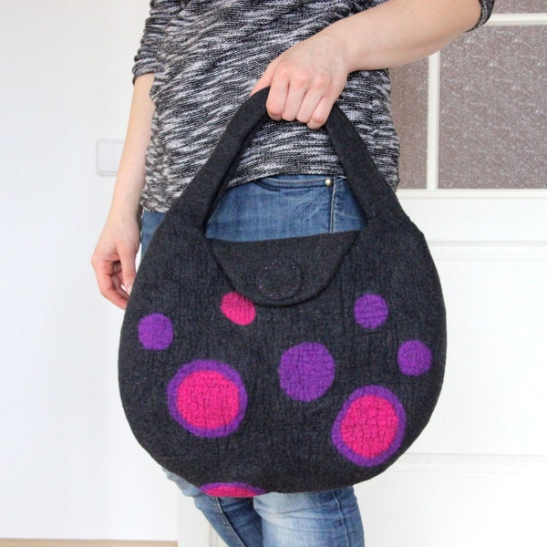 Felted handbag - women purse - tote bag - dark gray bag with pink purple bubbles - Valentines gift - gift for her