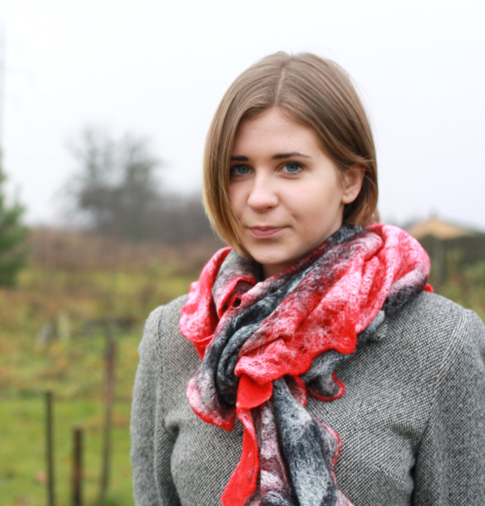 Wool and silk scarf. Felted red and black scarf. Best friend Etsy