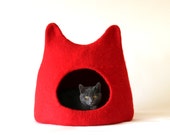 Cat bed - cat cave - cat house - handmade felted wool cat bed - solid red - made to order