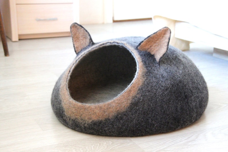 Small dog bed from natural wool in black brown with natural white. Pet bed with ears. image 1