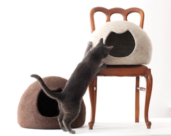 Cat lovers gift, wool cat bed cave, felt cat house. Brown felted cat bed. Cat nap cot from wool.