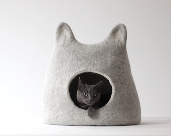 Wool cat bed cave felt cat house cat nap. Light grey wool cat bed  with ears. Valentines gift love.