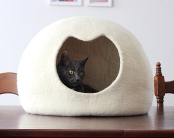 White cat bed. Wool cat cave. Unique gift for pets.