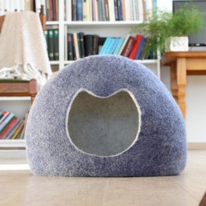 Felted cat house. Wool cat bed. Dark blue cat house. Pet lovers gift.