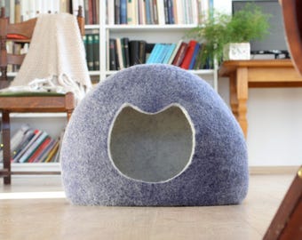 Felted cat house. Wool cat bed. Dark blue cat house. Pet lovers gift.