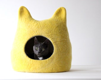 Cat bed bright yellow cat cave cat house cat cave  felted wool cat bed - lemon yellow with natural white - gift for cat - cat nap