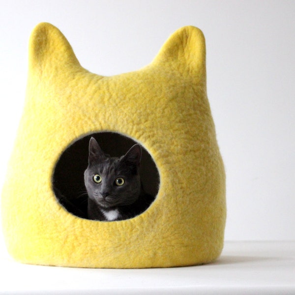 Cat bed bright yellow cat cave cat house cat cave  felted wool cat bed - lemon yellow with natural white - gift for cat - cat nap