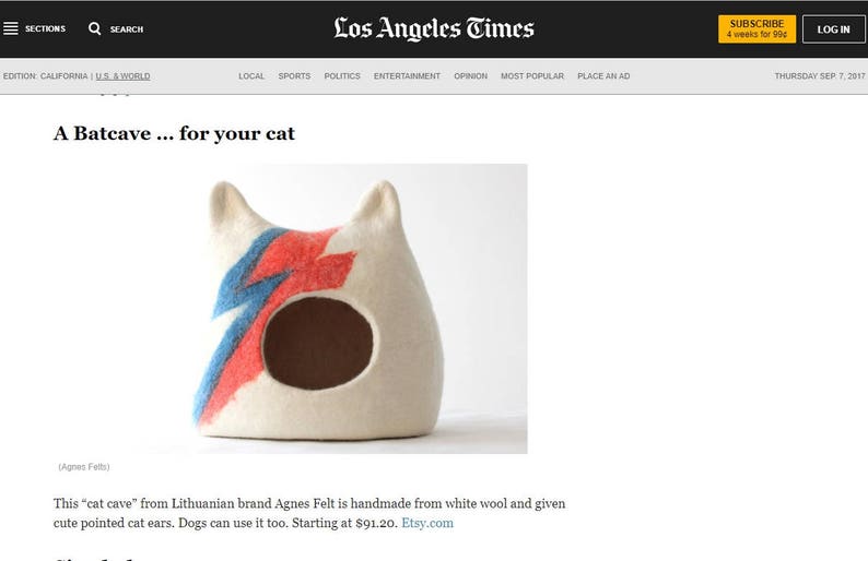 Ziggy Stardust Cat bed. Aladdin Sane cat bed. Bowie cat cave. Wool cat house. Gift for pets. image 3