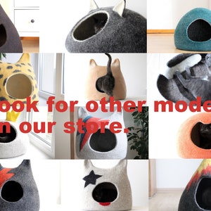 Cat bed with ears from natural grey wool. Felted wool cat cave. Small dog bed. Stylish gift for pets. image 4