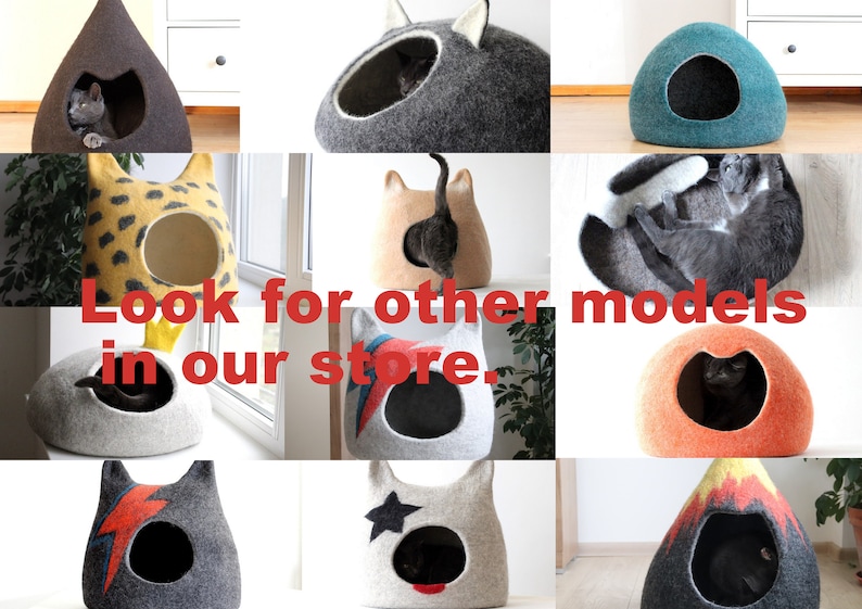 Cat bed with ears from natural grey wool. Felted wool cat cave. Small dog bed. Stylish gift for pets. image 4