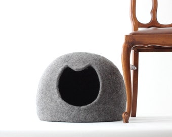 Natural gray cat bed cave cot pet house. Gift for cat. Felt wool cat house.