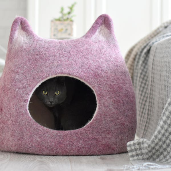 Cat bed Ready to ship XL, cat cave, cat house, light purple natural white, unique gift, cat nap