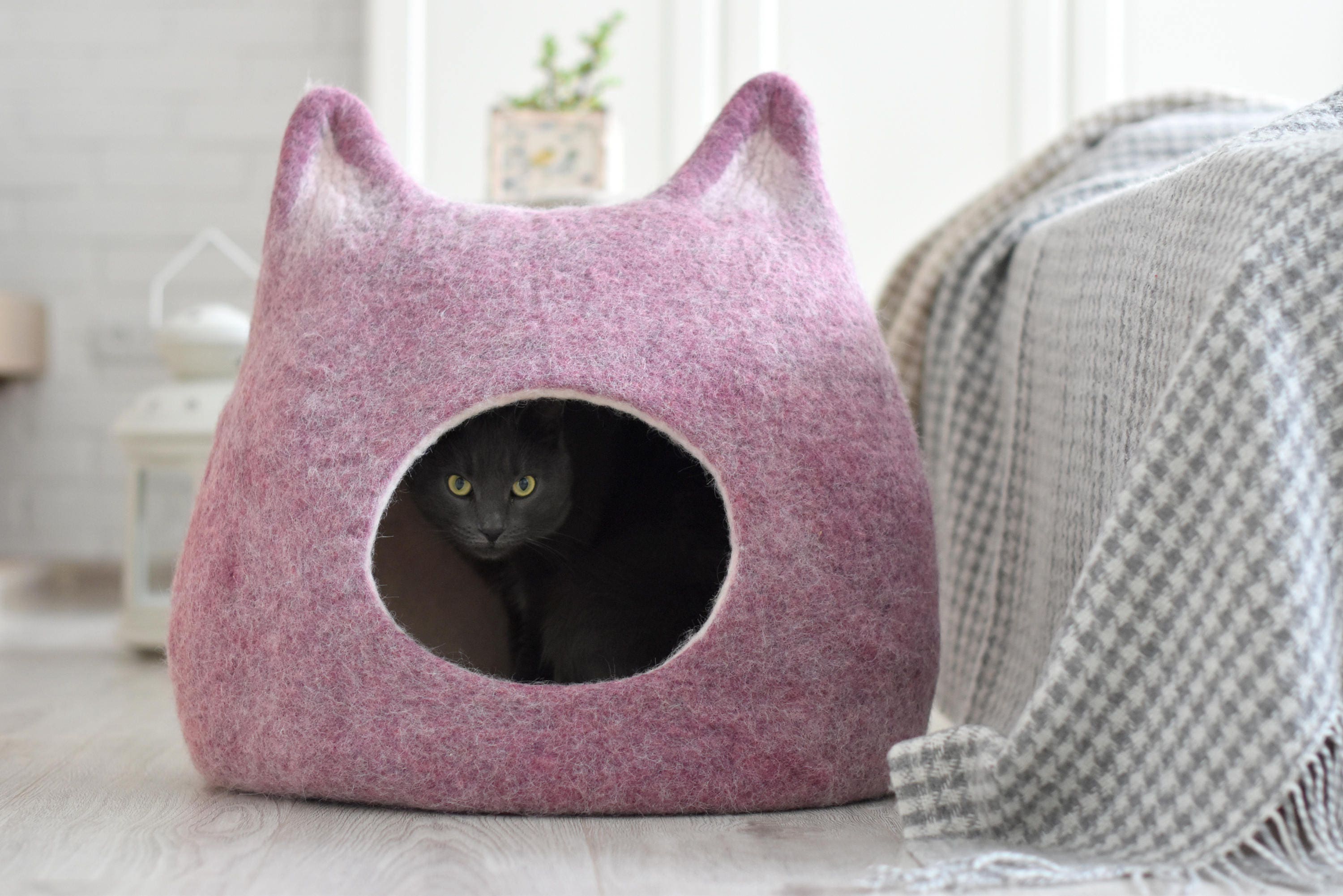 Lit de Chat, Cadeau d'amoureux Grotte Maison Lit Chat en Laine Feutré Fait à La Main, Blanc Naturel 