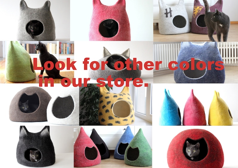 Cat bed with ears from natural grey wool. Felted wool cat cave. Small dog bed. Stylish gift for pets. image 5