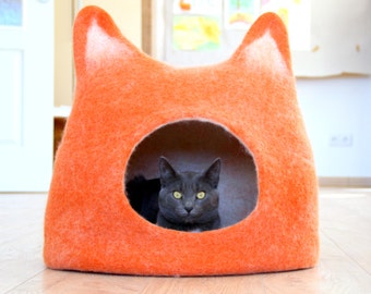 Pet houses. Wool cat bed. Felt cat cave. Orange cat house. Pets basket.