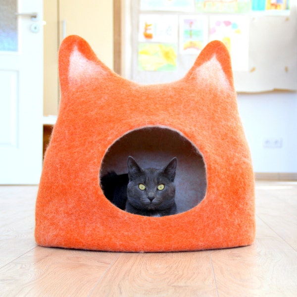 Nichoirs pour animaux de compagnie. Lit pour chat en laine. Grotte pour chat en feutre. Maison orange pour chat. Panier pour animaux de compagnie.