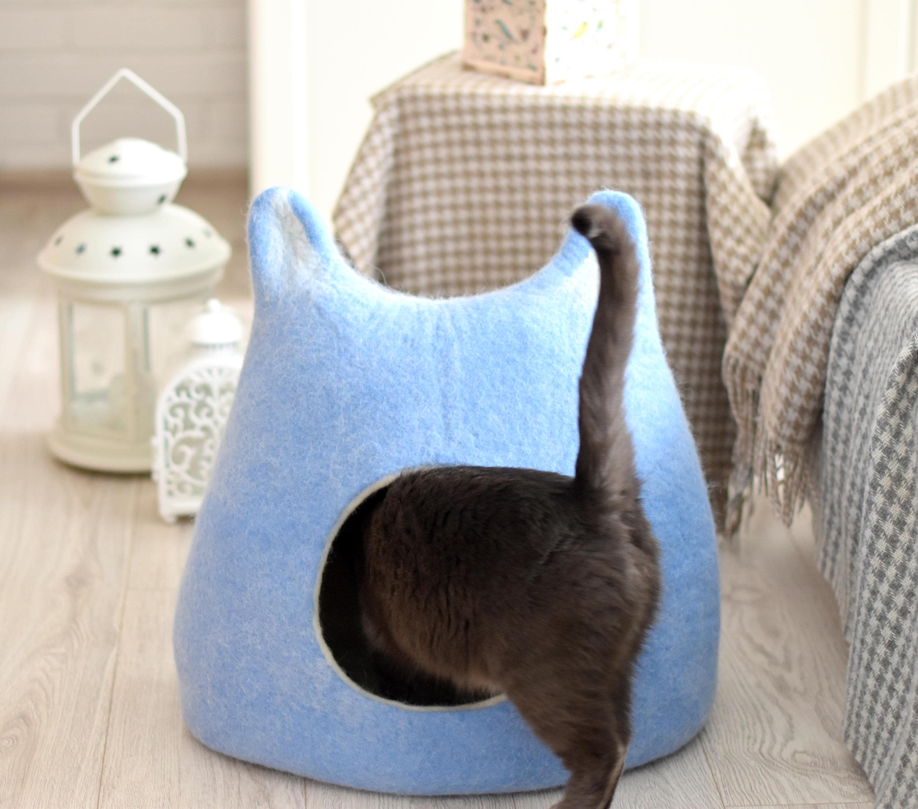 Caverne de Lit Chat, Laine Feutre Maison Bleu Ciel Chat La Laine, Petit Chien, Moderne d'animal Fami