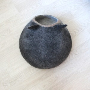 Small dog bed from natural wool in black brown with natural white. Pet bed with ears. image 3