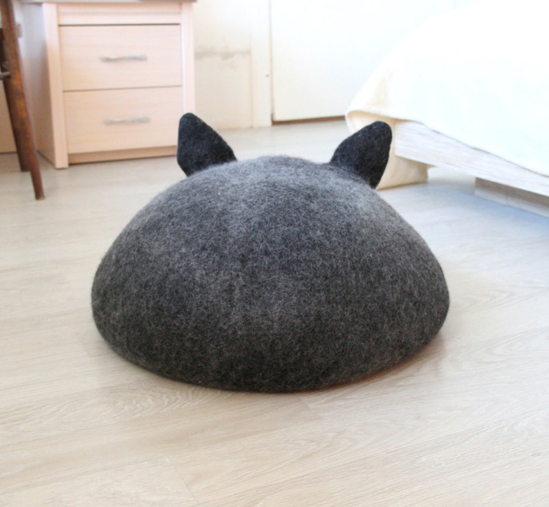 Small dog bed from natural wool in black brown with natural white. Pet bed with ears. image 4