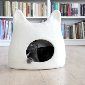 Cat bed cave from natural white felted wool. Warm and comfy pet bed. Cat lovers gift. image 7