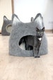 Cat bed with ears from natural grey wool. Felted wool cat cave. Small dog bed. Stylish gift for pets. 