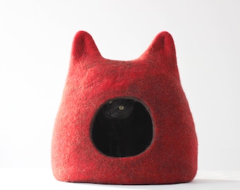 Gift for pets. Cat bed from wool. Pet holidays. Red brown cat cave.