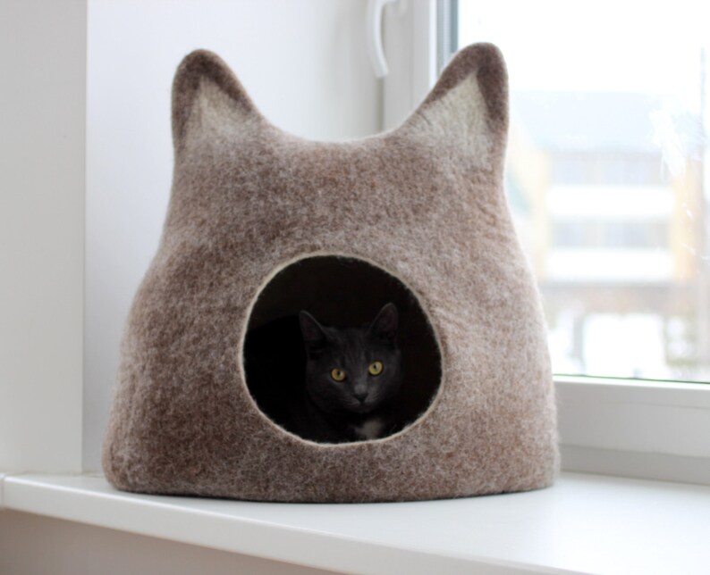 Cat bed cave wool cat house brown with white. Ecofriendly Etsy