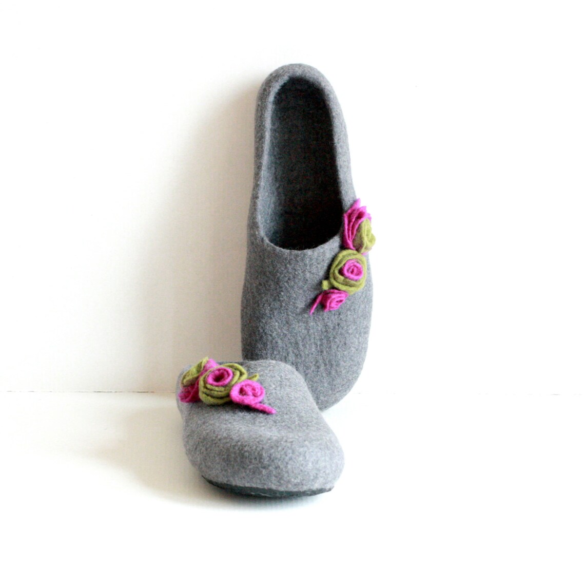 Women felted wool slippers grey felt slippers with purple and Etsy