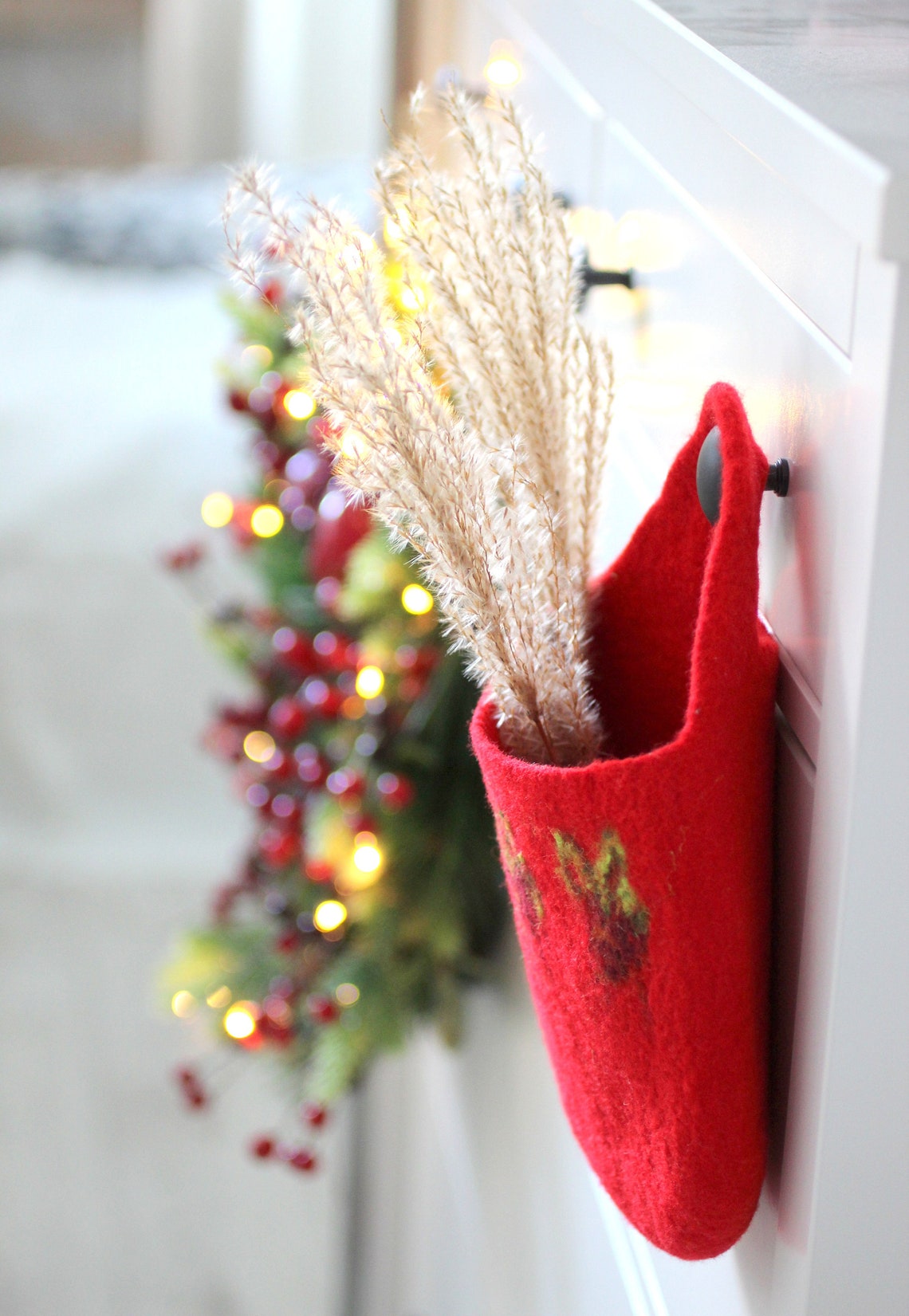 Holiday decor. Felt red basket. Hanging basket. Door knob Etsy