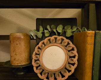 Vintage Round Chain Link Picture Frame | Wood Tone | 4” Photo | Easel Back | Dark Maximalist