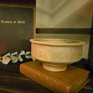 Vintage Carved Stoneware Footed Bowl | Celadon Smoke Glaze | Incised Floral Pattern | Studio Pottery Decor