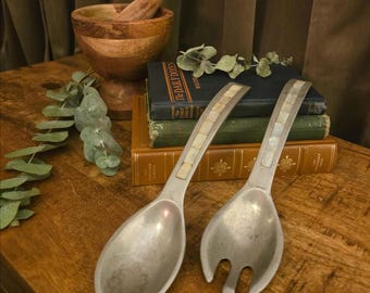 Vintage Pewter Salad Servers | Mother of Pearl Inlay Handles | Serving Set | Old World Table Décor