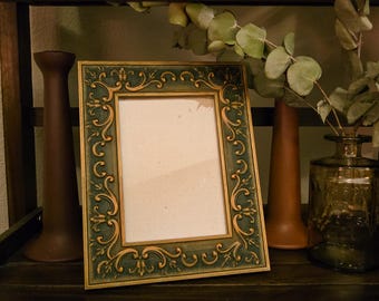 Vintage Green Gold Ornate Picture Frame 5x7 | Baroque Scroll Tabletop Frame 1998