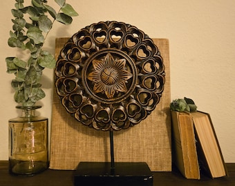 Vintage Carved Wood Lotus Medallion Sculpture | Pierced Heart Lattice | Metal Stand | Dark Maximalist