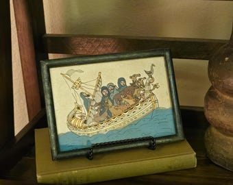 Vintage Reverse Painted Glass Noah’s Ark Folk Art | Signed Framed Painting