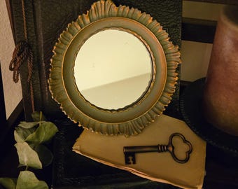 Vintage Sunburst Starburst Small Wall Mirror | Verdigris Green Gold Fluted Frame | Boho Hollywood Regency Maximalist Decor