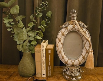 Vintage Victorian Oval Vanity Frame | Crystal Finial | Gold Tassel | Crackle Finish | Pedestal